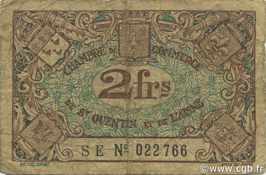 2 Francs FRANCE regionalismo y varios Saint-Quentin 1922 JP.116.09 BC