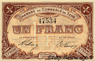 1 Franc FRANCE regionalismo y varios Sens 1915 JP.118.01 MBC a EBC