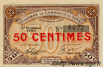 50 Centimes FRANCE regionalismo e varie Sens 1920 JP.118.10 AU a FDC