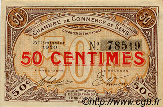50 Centimes FRANCE regionalism and various Sens 1920 JP.118.10 VF - XF