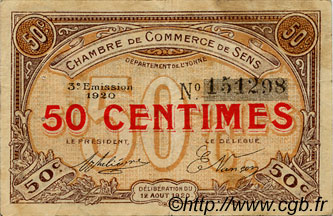 50 Centimes FRANCE regionalismo y varios Sens 1920 JP.118.10 BC