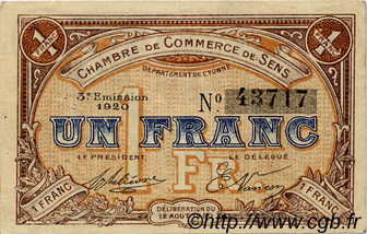 1 Franc FRANCE regionalism and miscellaneous Sens 1920 JP.118.12 VF - XF