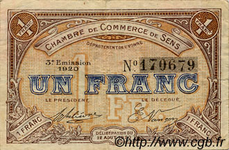 1 Franc FRANCE regionalismo y varios Sens 1920 JP.118.12 BC
