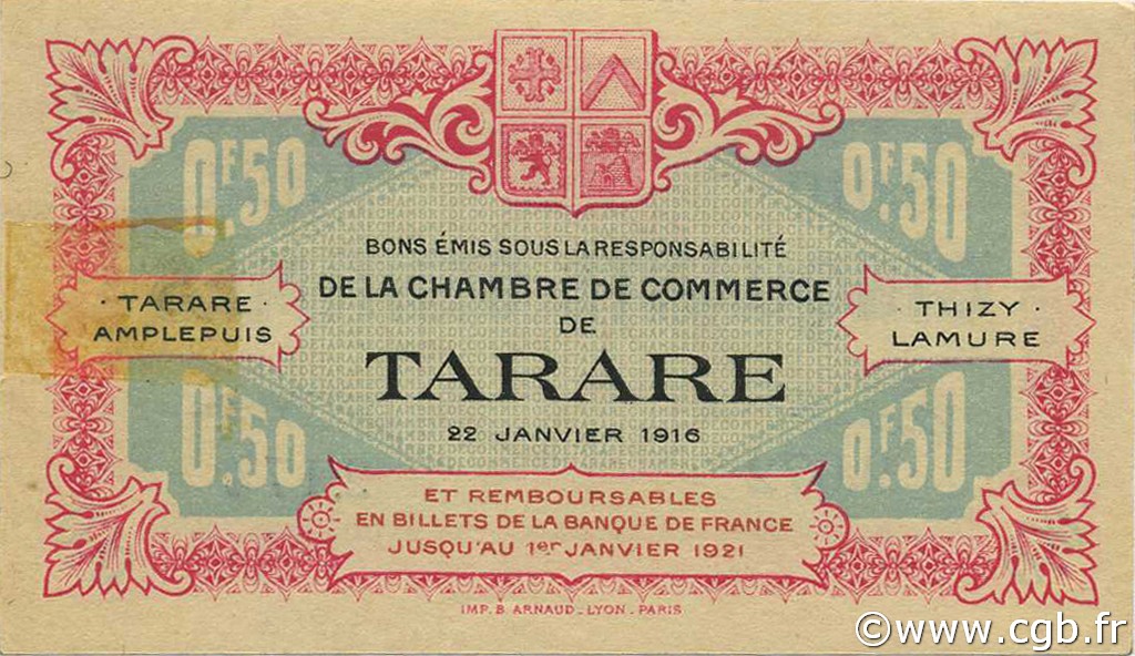 50 Centimes FRANCE regionalism and various Tarare 1916 JP.119.16 AU+