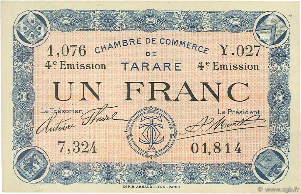 1 Franc FRANCE regionalismo y varios Tarare 1922 JP.119.34 SC a FDC