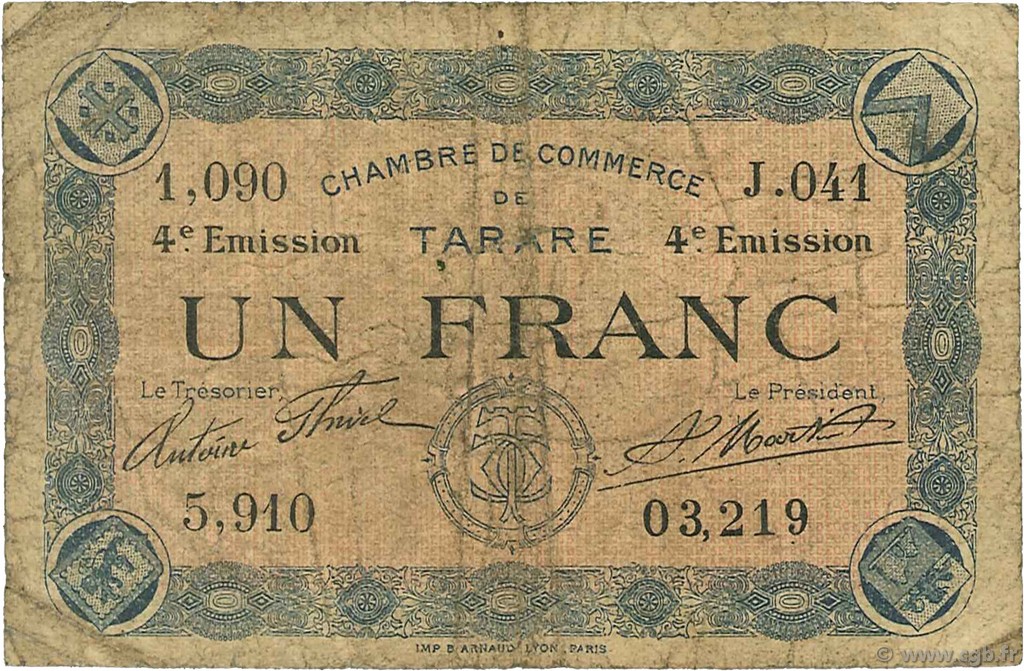 1 Franc FRANCE regionalism and various Tarare 1922 JP.119.34 F