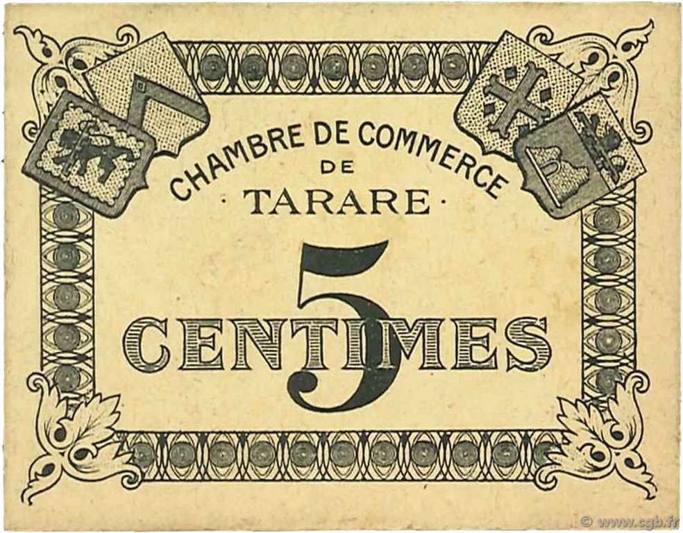 5 Centimes FRANCE regionalism and various Tarare 1920 JP.119.38 AU+