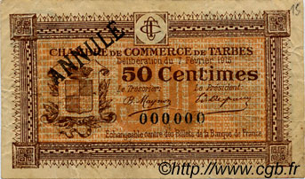 50 Centimes Annulé FRANCE regionalismo e varie Tarbes 1915 JP.120.03 MB
