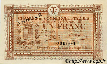 1 Franc Annulé FRANCE Regionalismus und verschiedenen Tarbes 1915 JP.120.06 SS to VZ