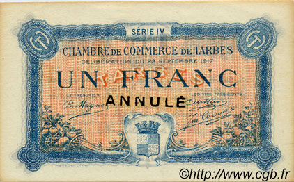 1 Franc Annulé FRANCE regionalismo y varios Tarbes 1917 JP.120.15 MBC a EBC