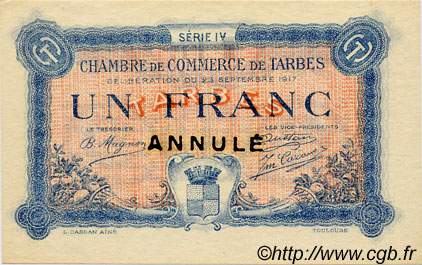 1 Franc Annulé FRANCE regionalismo e varie Tarbes 1917 JP.120.19 AU a FDC