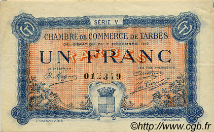 1 Franc FRANCE regionalism and various Tarbes 1919 JP.120.22 VF - XF
