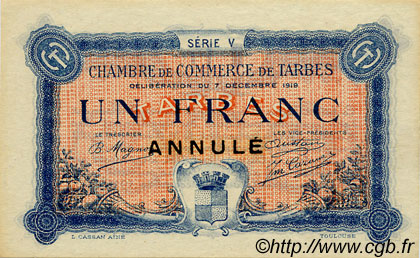 1 Franc Annulé FRANCE regionalismo e varie Tarbes 1919 JP.120.23 AU a FDC