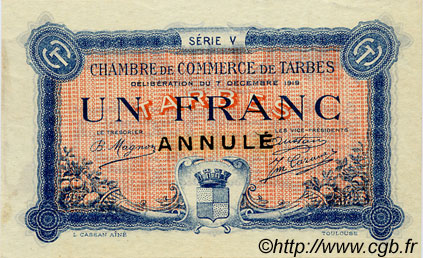 1 Franc Annulé FRANCE regionalism and miscellaneous Tarbes 1919 JP.120.23 VF - XF