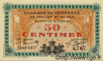 50 Centimes FRANCE regionalismo y varios Toulon 1916 JP.121.01 SC a FDC
