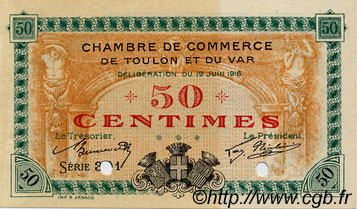50 Centimes Annulé FRANCE regionalismo e varie Toulon 1916 JP.121.02 BB to SPL