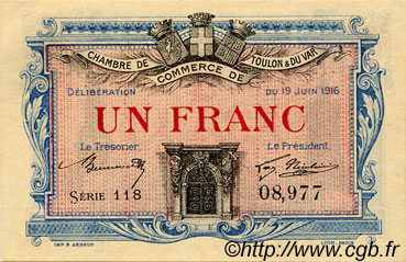 1 Franc FRANCE regionalism and miscellaneous Toulon 1916 JP.121.04 AU+
