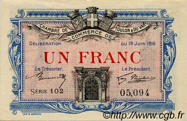 1 Franc FRANCE Regionalismus und verschiedenen Toulon 1916 JP.121.04 SS to VZ