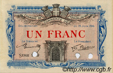 1 Franc Spécimen FRANCE Regionalismus und verschiedenen Toulon 1916 JP.121.05 SS to VZ