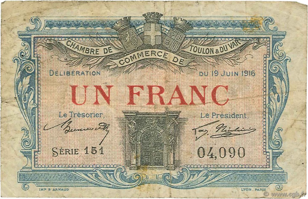 1 Franc FRANCE regionalism and various Toulon 1916 JP.121.08 F