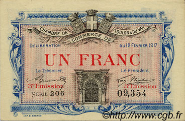 1 Franc FRANCE regionalismo y varios Toulon 1917 JP.121.12 SC a FDC