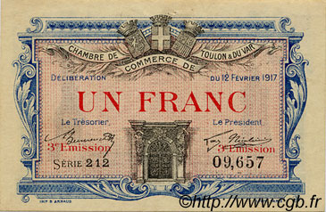 1 Franc FRANCE regionalismo y varios Toulon 1917 JP.121.12 MBC a EBC