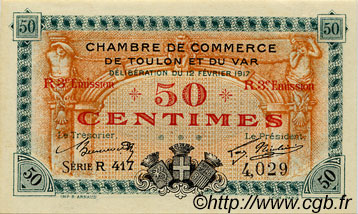 50 Centimes FRANCE regionalism and various Toulon 1917 JP.121.14 AU+