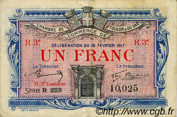 1 Franc FRANCE regionalismo y varios Toulon 1917 JP.121.16 SC a FDC