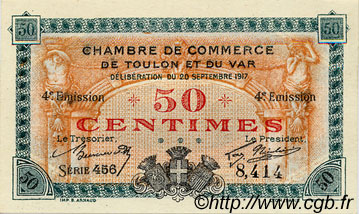 50 Centimes FRANCE regionalismo y varios Toulon 1917 JP.121.18 SC a FDC