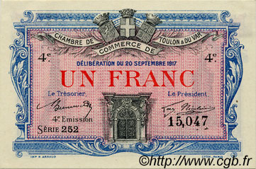 1 Franc FRANCE regionalismo y varios Toulon 1917 JP.121.20 MBC a EBC