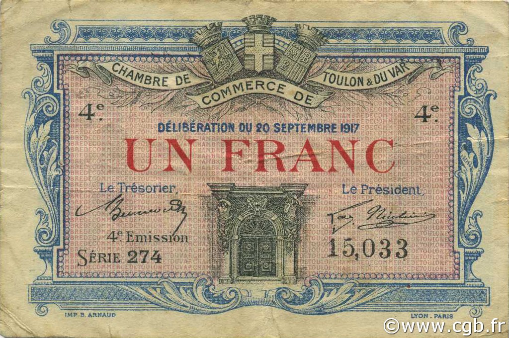 1 Franc FRANCE regionalism and miscellaneous Toulon 1917 JP.121.20 F