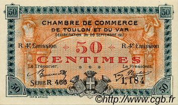 50 Centimes FRANCE regionalism and miscellaneous Toulon 1917 JP.121.22 AU+
