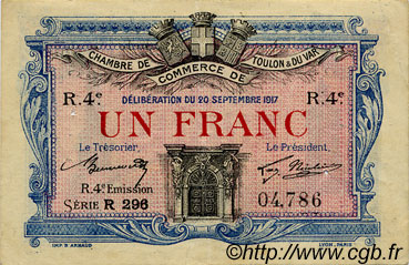 1 Franc FRANCE Regionalismus und verschiedenen Toulon 1917 JP.121.24 SS to VZ