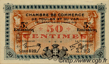 50 Centimes FRANCE Regionalismus und verschiedenen Toulon 1919 JP.121.26 fST to ST