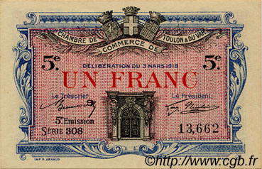 1 Franc FRANCE regionalism and miscellaneous Toulon 1919 JP.121.27 AU+