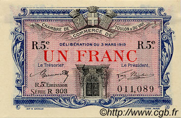 1 Franc FRANCE regionalismo y varios Toulon 1919 JP.121.29 MBC a EBC
