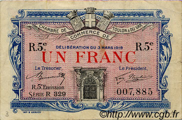 1 Franc FRANCE régionalisme et divers Toulon 1919 JP.121.29 TB