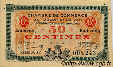 50 Centimes FRANCE regionalism and various Toulon 1920 JP.121.30 AU+