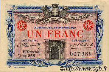 1 Franc FRANCE regionalismo e varie Toulon 1920 JP.121.31 AU a FDC