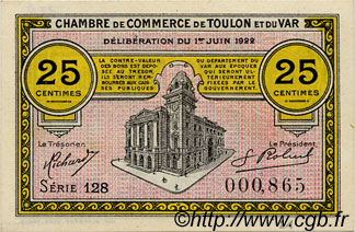 25 Centimes FRANCE regionalismo y varios Toulon 1922 JP.121.34 SC a FDC