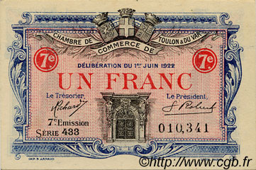1 Franc FRANCE regionalismo y varios Toulon 1922 JP.121.36 SC a FDC