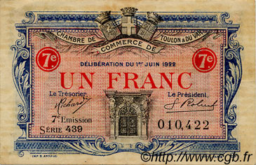 1 Franc FRANCE Regionalismus und verschiedenen Toulon 1922 JP.121.36 SS to VZ