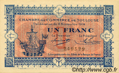1 Franc FRANCE Regionalismus und verschiedenen Toulouse 1914 JP.122.06 SS to VZ