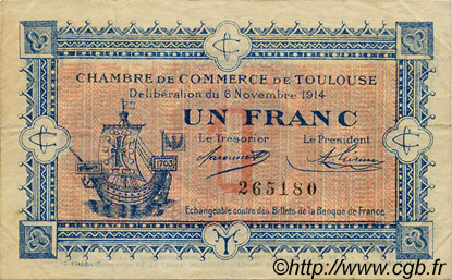 1 Franc FRANCE regionalism and various Toulouse 1914 JP.122.06 F
