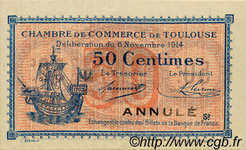 50 Centimes Annulé FRANCE regionalism and various Toulouse 1914 JP.122.09 AU+