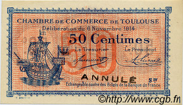 50 Centimes Annulé FRANCE Regionalismus und verschiedenen Toulouse 1914 JP.122.12 fST to ST