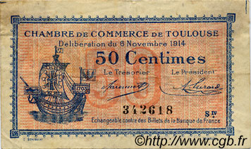 50 Centimes Annulé FRANCE regionalismo e varie Toulouse 1914 JP.122.13 MB