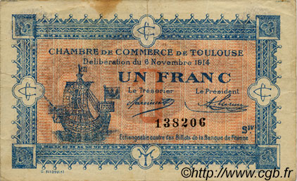 1 Franc FRANCE regionalism and miscellaneous Toulouse 1914 JP.122.14 F