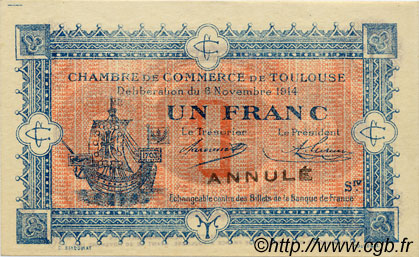 1 Franc Annulé FRANCE regionalismo y varios Toulouse 1914 JP.122.18 SC a FDC