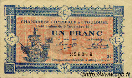 1 Franc FRANCE Regionalismus und verschiedenen Toulouse 1914 JP.122.20 SS to VZ